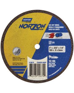 Norton NorZon Plus 10677 Cut-Off Wheel, 4 in Dia, 1/16 in THK Wheel, 3/8 in Center Hole, 19100 rpm