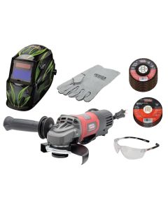 LEWK5594-1 image(0) - Lincoln Electric 11 Amp Angle Grinder Helmet Kit with 10 Cut-off Wheels, 10 Flap Discs, Safety Glasses and Welding Gloves