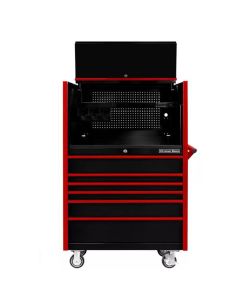EXTDX4107HRKR image(0) - Extreme Tools DX Series 41in W x 25in D Extreme Power Workstation&reg; Hutch and 6 Drawer 25in Deep Roller Cabinet - Black with Red Drawer Pulls 100-200 lb. Slides