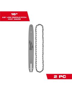 MLW49-16-2856 image(0) - Milwaukee Tool 16" 3/8" LOW PROFILE&trade; Pitch, .043" Gauge Saw Chain and Guide Bar Set
