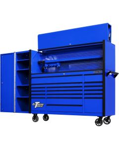 EXTDX72HRSUK image(0) - Extreme Tools DX Series 72in W x 21in D Extreme Power Workstation Hutch, 17-Drawer Roller Cabinet  and 19in Side Locker Combo, Blue w Black Drawer Pulls