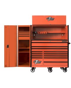 Extreme Tools RX Series 55in W x 25in D Professional Extreme Power Workstation Hutch, 12-Drawer Roller Cabinet-150 lbs Slides and 19in 3-Drawer Side Locker Combo, Orange w Black Dr Pulls