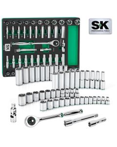 SKTSK01456-216P image(0) - S K Hand Tools 1/2" Drive, 49 Piece, 6 Point, Shallow & Deep, SAE & Metric Chrome Socket Set with 216P Ratchet.  Packaged in EVA Foam Tray