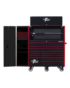 Extreme Tools RX Series 55in W x 25in D Professional Extreme Power Workstation Hutch, 12-Drawer Roller Cabinet-150 lbs Slides and 19in 3-Drawer Side Locker Combo, Black w Red Dr Pulls