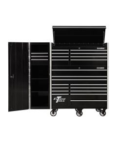 EXTRX55HRSKC image(0) - Extreme Tools RX Series 55in W x 25in D Professional Extreme Power Workstation Hutch, 12-Drawer Roller Cabinet-150 lbs Slides and 19in 3-Drawer Side Locker Combo, Black w Chrome Dr Pulls