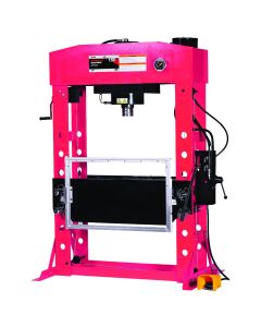 American Forge & Foundry Shop Press - 150 Ton Capacity - Foot Operated Air Motor/Manual Pump W/ Hydraulic Ram - Built In Polycarbonate Press Guard - 10 pc  Pin & Bearing Press Adapter Set Included - SUPER DUTY