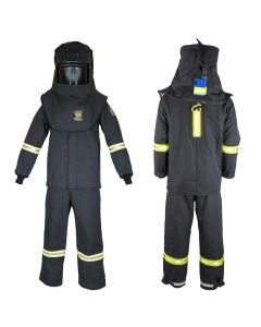 OBRTCG55B-ESL-4XL-HVSL image(0) - Oberon Suit Kit - Arc Flash - 55 Cal TCG&trade; - Comes with Hood, Coat, Bib Coveralls and  Fresh Air Arc Flash Hood Ventilation System & Light - With Escape Strap - With Leg Zippers - Color: Black - Size: 4XL