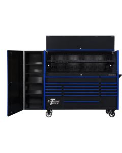 EXTDX72HRSKU image(0) - Extreme Tools DX Series 72in W x 21in D Extreme Power Workstation Hutch, 17-Drawer Roller Cabinet  and 19in Side Locker Combo, Black w Blue Drawer Pulls