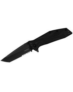 KER1990ST image(0) - Kershaw Brawler Serrated Assisted Open Liner Lock  8Cr13MoV Tanto Blade with Black-oxide coating EDC Folding Pocket Knife - Black