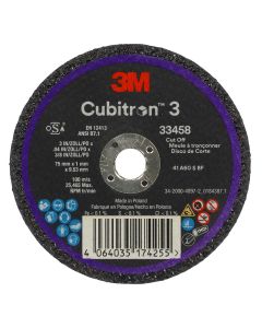 MMM33458 image(0) - 3M Cubitron 3 Cut-Off Wheel 33458, 75 mm x 1 mm x 9.53 mm, 5 EA/PK, 6 PK/CS