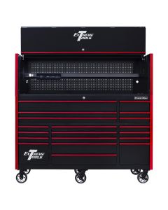 Extreme Tools RX Series 72"W x 30"D Pro Hutch & 19 Drawer Roller Cabinet Combo; Black w/ Red Drawer Pulls