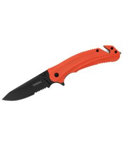 KER8650ST image(0) - Kershaw Barricade Serrated Assisted Opening Rescue Folding Pocket Knife with Glassbreaker and Cord Cutter - Color Orange