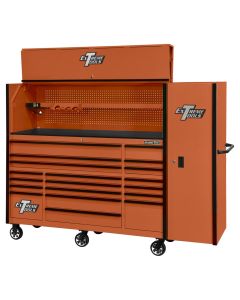 EXTRX7230HRSOK image(0) - Extreme Tools RX Series 72in W x 30in D Professional Extreme Power Workstation Hutch, 19-Drawer Roller Cabinet-250 lbs Slides and 19in 3-Drawer Side Locker Combo, Orange w Black Dr Pulls
