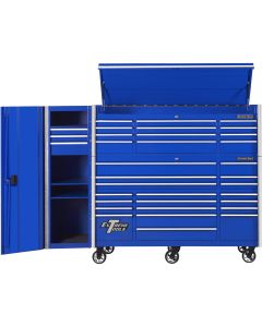 Extreme Tools RX Series 72in W x 25in D Professional Extreme Power Workstation Hutch, 19-Drawer Roller Cabinet-150 lbs Slides and 19in 3-Drawer Side Locker Combo, Blue w Chrome Dr Pulls