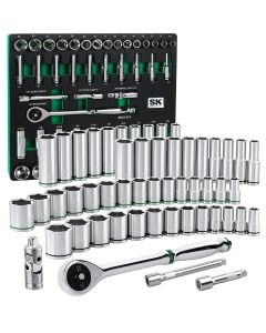 SKTSK01314-216P image(1) - S K Hand Tools 1/2" Drive, 52 Piece, 6 Point, Shallow & Deep, SAE & Metric Chrome Socket Set with 216P Ratchet.  Packaged in EVA Foam Tray