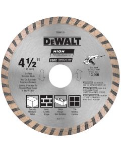 DWTDW4725 image(1) - DEWALT Diamond Blade For Masonry, Dry Cutting, Continuous Rim, 7/8-Inch Arbor, 4-1/2-Inch
