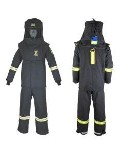 Oberon Suit Kit - Arc Flash - 25 Cal TCG&trade; - Comes with Hood, Coat, Bib Coveralls and  Fresh Air Arc Flash Hood Ventilation System & Light - With Escape Strap - Color: Black - Size: 5XL