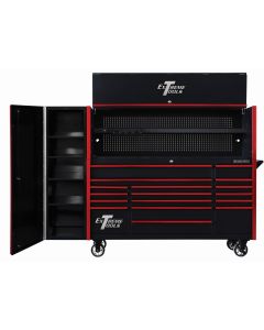 EXTDX72HRSKR image(0) - Extreme Tools DX Series 72in W x 21in D Extreme Power Workstation Hutch, 17-Drawer Roller Cabinet  and 19in Side Locker Combo, Black w Red Drawer Pulls