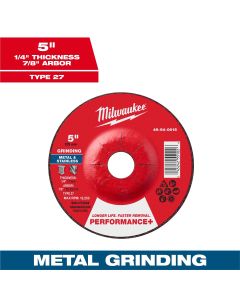 MLW49-94-0615 image(0) - Milwaukee Tool 5" x 1/4" x 7/8" Performance+ Metal Grinding  Wheel - Type 27