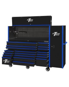 EXTRX7225HRSKU image(1) - Extreme Tools RX Series 72in W x 25in D Professional Extreme Power Workstation Hutch, 19-Drawer Roller Cabinet-150 lbs Slides and 19in 3-Drawer Side Locker Combo, Black w Blue Dr Pulls