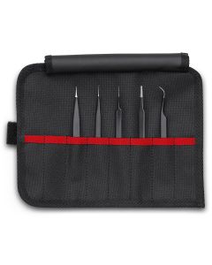 KNP920001ESD image(0) - KNIPEX 5 Pc Stainless Steel Tweezers Set in Tool Roll-ESD