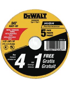 DWTDW8062B5 image(1) - DeWalt 4-1/2 Inch Type 1 Metal Cutting Wheels - 5 Pack