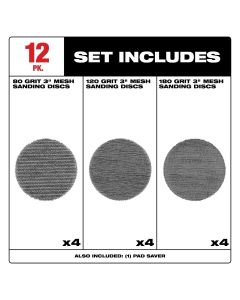 MLW48-80-6405 image(1) - Milwaukee Tool 3 Inch Assorted 80, 120, 180 Grit Mesh Sanding Discs with POWERGRID Tear Resistant Mesh &hyphen; (12 PK) + Pad Saver