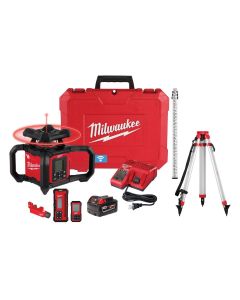 MLW3704-21T image(0) - Milwaukee Tool M18 Red Exterior Dual Slope Rotary Laser Level Kit with Receiver, Remote, Grade Rod, and Tripod