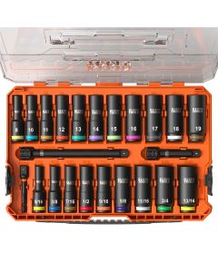 KLE65111IMPCT image(0) - Klein Tools KNECT&trade; 1/2-Inch Drive Deep Well Impact Socket Set, SAE, 14-Piece