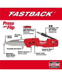 MLW48-22-1540 image(4) - Milwaukee Tool FASTBACK 5 in 1 Partially Serrated Tanto Blade Folding Pocket Knife with Reversible Phillips #2 and Slotted 1/4 Inch bit