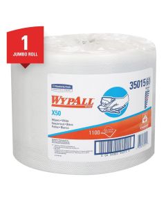 KIM35015 image(0) - Kimberly Clark WypAll 35015 X50 Series Jumbo Roll Cloth, 9.8 x 13.4 in, 1100, Hydroknit, White, 1 Plys