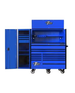 EXTRX55HRSUK image(0) - Extreme Tools RX Series 55in W x 25in D Professional Extreme Power Workstation Hutch, 12-Drawer Roller Cabinet-150 lbs Slides and 19in 3-Drawer Side Locker Combo, Blue w Black Dr Pulls