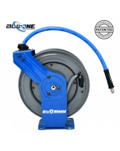 BLBPWRDA38100-AIO image(0) - BluBird BluShield All-in-One Rubber Air Hose Reel 3/8" X 100(Dual Arm ) with 6' Lead-in-Hose. Includes FreeStyle, Sshhh Tek, and Safety Rewind Features.
