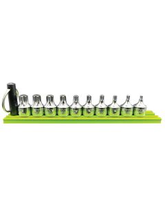 VIMHCT1050A image(1) - VIM Tools 10 Piece 1/4 Inch Drive TORX Half Cut Stubby Driver Set (T10 - T50) with 6 Inch Green Magrail