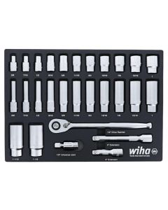 Wiha Tools Set Includes - 11 Standard Sockets 3/8&rdquo; - 1&rdquo; | 13 Deep Sockets 3/8&rdquo; - 1-1/8&rdquo; | 1/2&rdquo; Dr. Ratchet 72 Tooth | 1/2&rdquo; Dr. Extension Bars 3&rdquo;, 6&rdquo; | 1/2&rdquo; Dr. Universal Joint