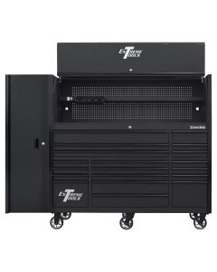 Extreme Tools RX Series 72in W x 25in D Professional Extreme Power Workstation Hutch, 19-Drawer Roller Cabinet-150 lbs Slides and 19in 3-Drawer Side Locker Combo, Matte Black w Black Dr Pulls