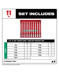 MLW48-22-9534 image(2) - Milwaukee Tool 1/4 Inch and 3/8 Inch Drive Long TORX Bit Socket Set - 11 Piece