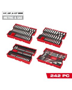 Milwaukee Tool 242 Piece 1/4 Inch, 3/8 Inch, and 1/2 Inch Drive Metric and SAE Ratchet and Socket Set with Trays for PACKOUT Drawers