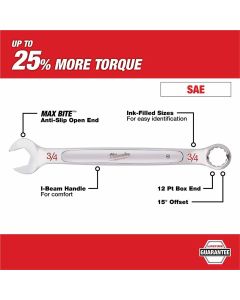 MLW45-96-9424 image(1) - Milwaukee Tool 3/4" SAE Combination Wrench, 12-Point, Steel, Chrome, Ergonomic, I-Beam Handle