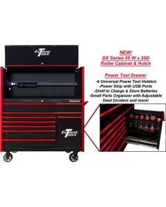 EXTDX5509HRKR image(1) - Extreme Tools DX Series 55in W x 25in D Extreme Power Workstation Hutch and 8-Drawer Roller Cabinet w Power Tool Drawer  Black w Red Drawer Pulls