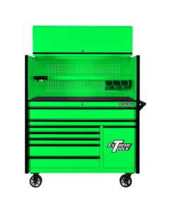 EXTDX5509HRGK image(0) - Extreme Tools DX Series 55in W x 25in D Extreme Power Workstation Hutch and 8-Drawer Roller Cabinet w Power Tool Drawer  Green w Black Drawer Pulls