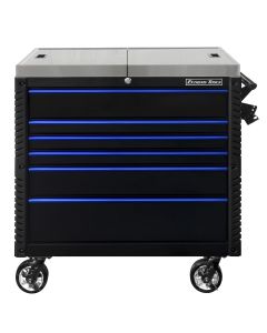 Extreme Tools EX Professional Series 41 Inch 6 Drawer Sliding Top Tool Cart  with stainless steel work surface - Black with Blue Drawer Pulls
