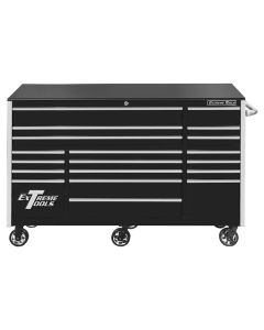 Extreme Tools RX Series 72 Inch Wide x 25 Inch Long 19 Drawer Triple Bank Roller Cabinet 150 Pound Slides Black with Chrome Drawer Pulls