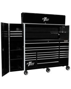 EXTRX7225HRSKC image(0) - Extreme Tools RX Series 72in W x 25in D Professional Extreme Power Workstation Hutch, 19-Drawer Roller Cabinet-150 lbs Slides and 19in 3-Drawer Side Locker Combo, Black w Chrome Dr Pulls