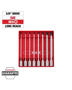 MLW48-22-9546 image(0) - Milwaukee Tool 3/8 Inch Drive Long Hex Bit Socket Set - SAE - 8 Piece
