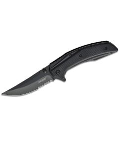 KER8320BLKST image(1) - Kershaw Outright Serrated Assisted Open Frame Lock 8Cr13MoV Trailing Point Blade with Black PVD coating EDC Folding Pocket Knife - Black