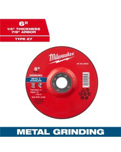 MLW49-94-0523 image(0) - Milwaukee Tool 6" x 1/4" x 7/8" Metal Grinding Wheel - Type 27