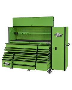 EXTRX7225HRSGK image(0) - Extreme Tools RX Series 72in W x 25in D Professional Extreme Power Workstation Hutch, 19-Drawer Roller Cabinet-150 lbs Slides and 19in 3-Drawer Side Locker Combo, Green w Black Dr Pulls
