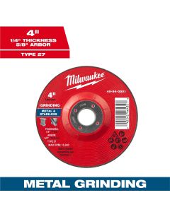 MLW49-94-0501 image(0) - Milwaukee Tool 4" x 1/4" x 5/8" Metal Grinding  Wheel - Type 27