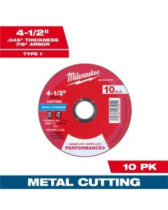 MLW49-94-0101 image(1) - Milwaukee Tool 4-1/2" x .045" x 7/8" Performance+ Metal Cut Off Wheel - Type 1 - 10pk